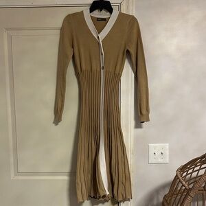 SHEIN Camel Long Sleeve Dress with Ivory Trim